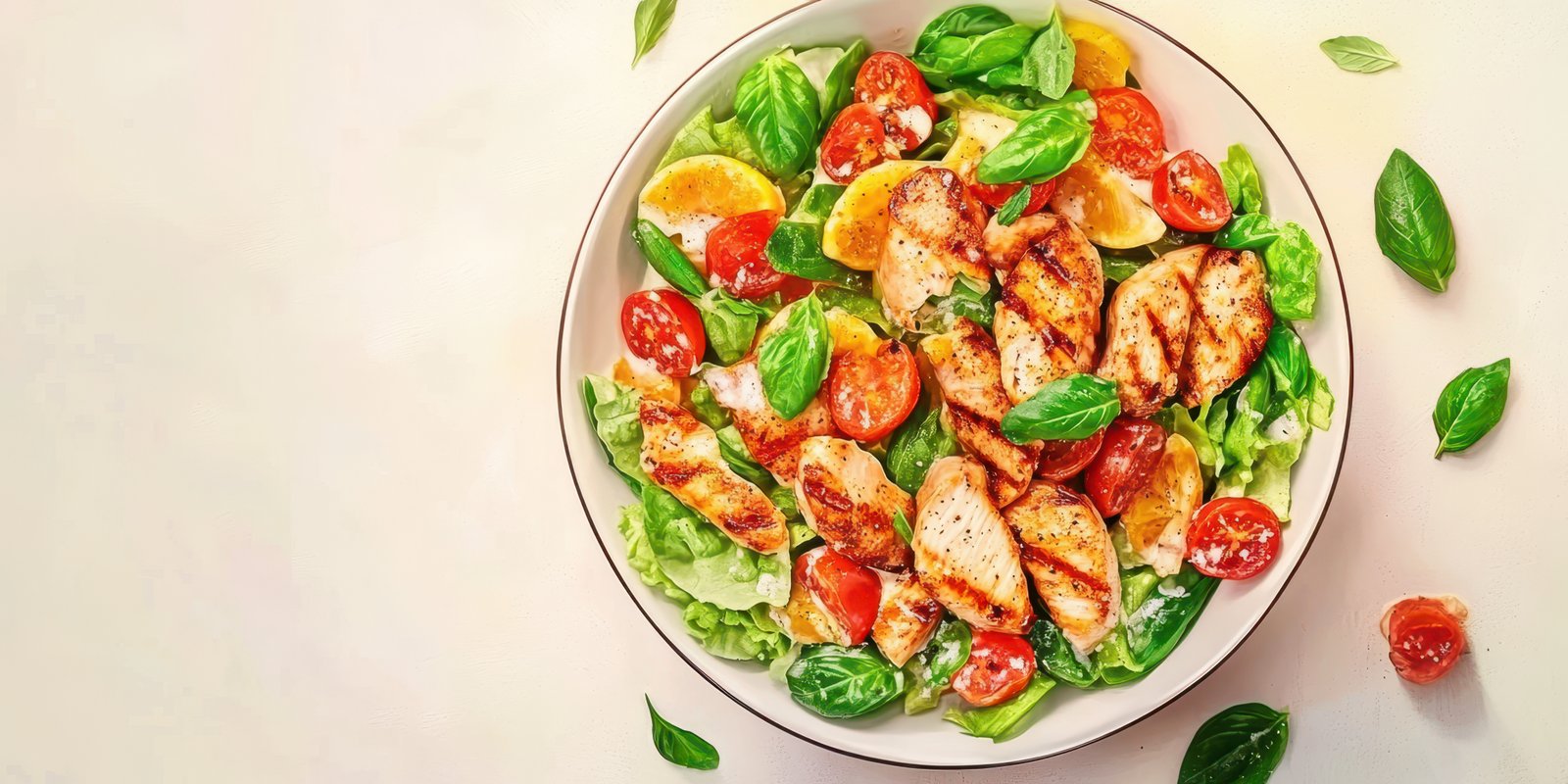 Fresh salad with grilled chicken, cherry tomatoes, and citrus served in a bowl for a healthy meal